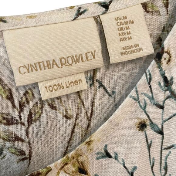 Cynthia Rowley Sz M Beige Sage Green Floral Linen Side Pocket Work Casual Dress - Picture 6 of 7